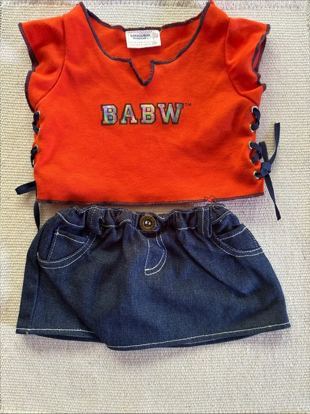 Build-A-Bear outfit orange shirt with Navy Stitching and denim mini skirt